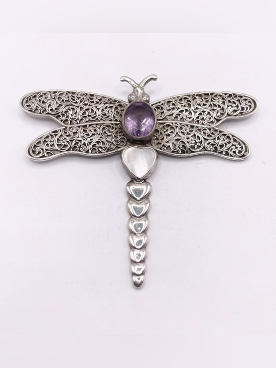 925 Sterling Silver Jewelry - Sterling Silver Dragonfly Brooch with Purple Amethyst Accent